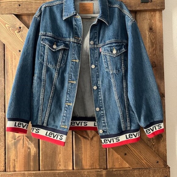 Levi's Oversized Denim Premium Bomber Jacket Red White Blue Levi's Logo Ribbing - Picture 5 of 7